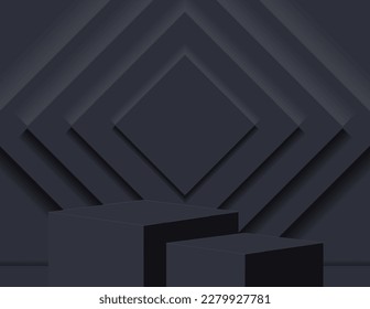 3D podium for product display and the background scene, minimalist style, black and gray tones, display stand, studio for product presentation.