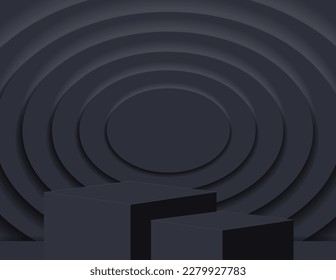 3D podium for product display and the background scene, minimalist style, black and gray tones, display stand, studio for product presentation.