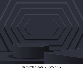Podio 3D para la visualización de productos y la escena de fondo, estilo minimalista, tonos negros y grises, soporte de pantalla, estudio para la presentación de productos.