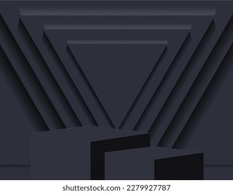 3D podium for product display and the background scene, minimalist style, black and gray tones, display stand, studio for product presentation.