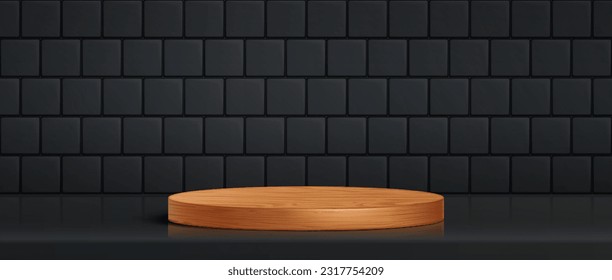 3d podium for product display on background of kitchen wall. Empty circle wooden platform on table and black tile. Modern template with wood base in bathroom, vector realistic illustration