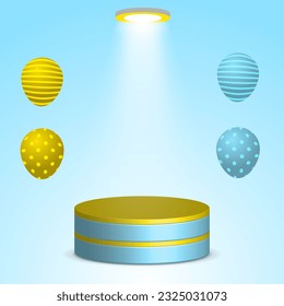3d podium for product display presentation with balloons and lamp. vector illustration