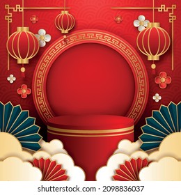 3D Podium Product Themed Chinese New Year Vector. Flyer Or Poster With Chinese New Year's Theme Suitable For Promotion Product.