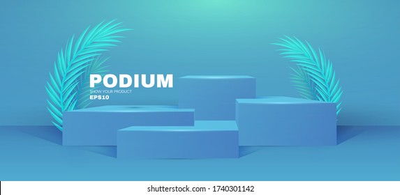 3D podium. Realistic minimal empty scene. Showcase and shelf. Round empty stage with palm leafs and shadow.