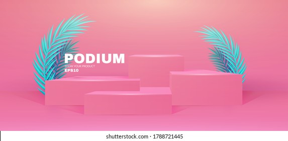 3D podium. Realistic minimal empty scene. Showcase and shelf. Round empty stage with palm leafs and shadow.