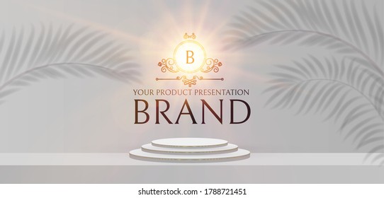 3D podium. Realistic minimal empty scene. Showcase and shelf. Round empty stage with palm leafs shadow and light.