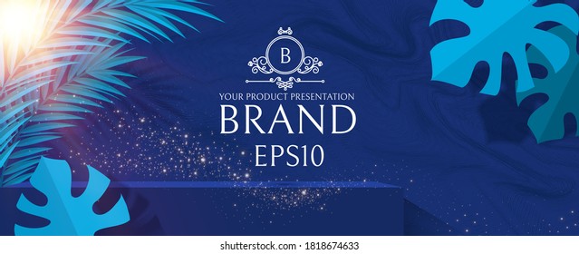 3D podium. Realistic minimal empty scene. Showcase and shelf. Round empty stage with palm leafs and shadow.