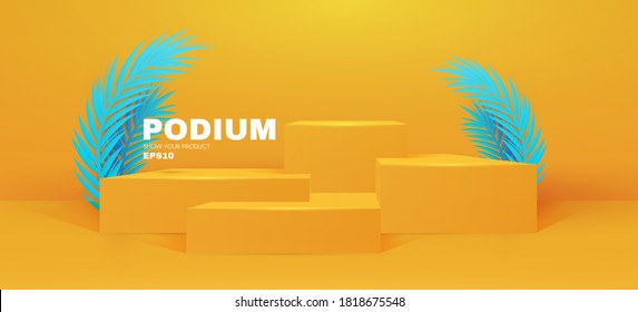 3D podium. Realistic minimal empty scene. Showcase and shelf. Round empty stage with palm leafs and shadow.