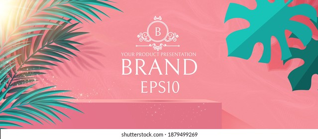 3D podium. Realistic minimal empty scene. Showcase and shelf. Round empty stage with palm leafs and shadow.