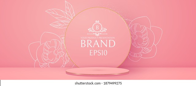 3D podium. Realistic minimal empty scene. Showcase and shelf. Round empty stage with flowers.