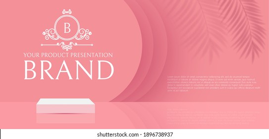 3D podium. Realistic minimal empty scene. Showcase and shelf. Round empty stage with palm leafs shadow.