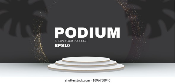 3D podium. Realistic minimal empty scene. Showcase and shelf. Round empty stage with palm leafs and shadow.