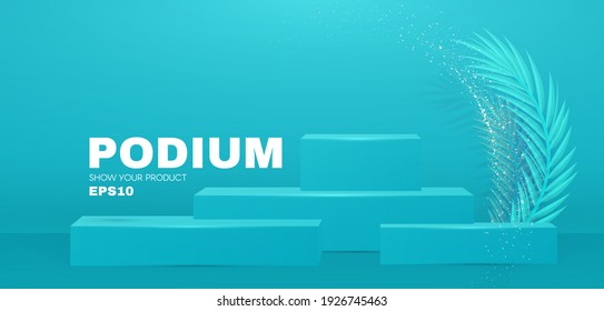 3D podium. Realistic minimal empty scene. Showcase and shelf. Round empty stage with palm leafs and shadow.