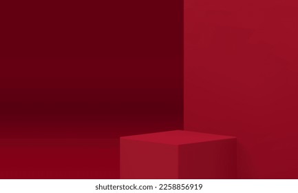 3d podium red cube basic foundation geometric construction corner wall studio background realistic vector illustration. Pedestal box minimalist stage architecture merchandise display for product promo