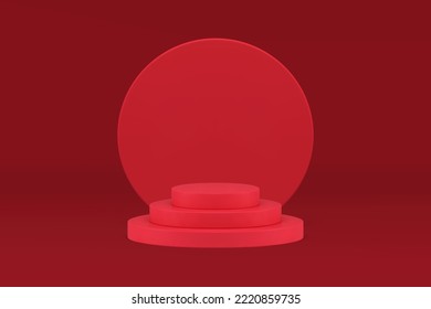 3d podium red cylinder platform product promo advertising foundation circle wall realistic vector illustration. Pedestal round basic level stairs construction award arena for win reward ceremony