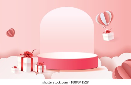 3d podium red product background for valentine.pink and heart love romance concept design vector illustation decoration banner 