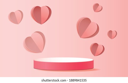 3d podium red product background for valentine.pink and heart love romance concept design vector illustation decoration banner 