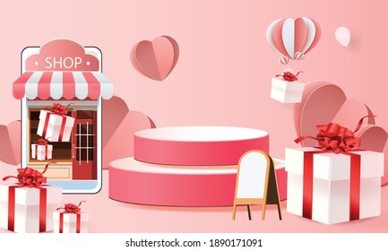 3d podium red product background for valentine.pink and heart love romance concept design vector illustation decoration banner 
