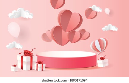 3d podium red product background for valentine.pink and heart love romance concept design vector illustation decoration banner 