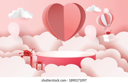 3d podium red product background for valentine.pink and heart love romance concept design vector illustation decoration banner 