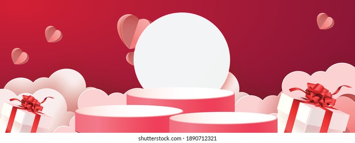 3d podium red product background for valentine.pink and heart love romance concept design vector illustation decoration banner 