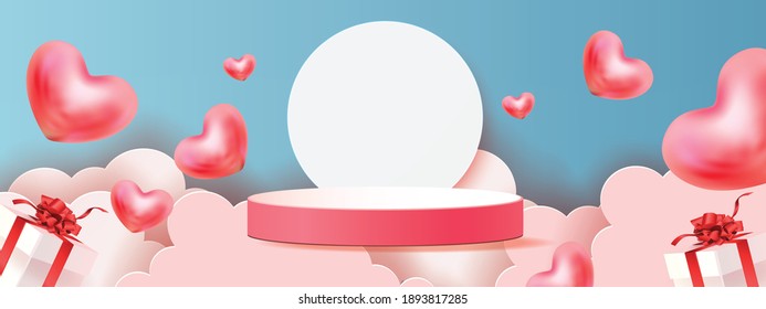 3d fondo de producto rojo podio para valentina.concepto de amor rosa y corazón diseño de iluminación vectorial banner de decoración 