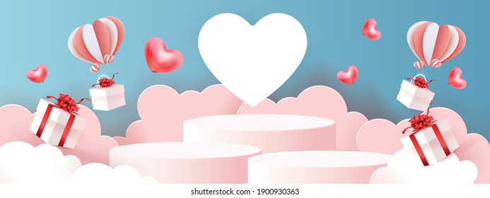 3d podium red product background for valentine.pink and heart love romance concept design vector illustation decoration banner 