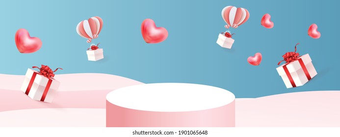 3d podium red product background for valentine.pink and heart love romance concept design vector illustation decoration banner 