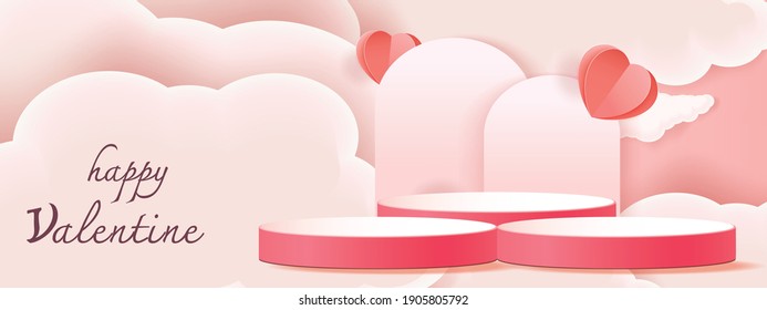 3d podium red product background for valentine.pink and heart love romance concept design vector illustation decoration banner 