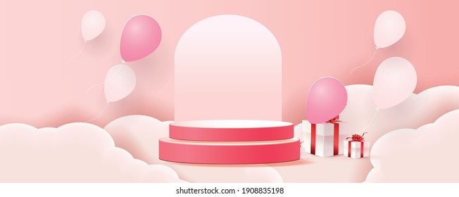 3d podium red product background for valentine.pink and heart love romance concept design vector illustation decoration banner and balloon women's day concept
