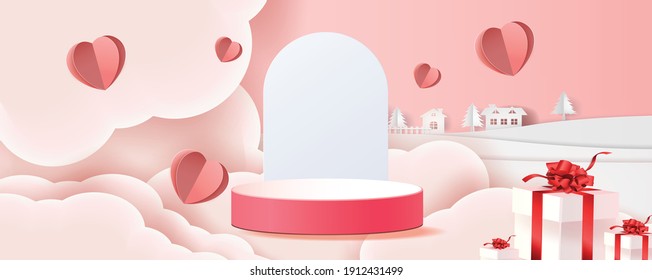 3d Podium Red Product Background For Valentine.pink And Heart Love Romance Concept Design Vector Illustation Decoration Banner And Balloon