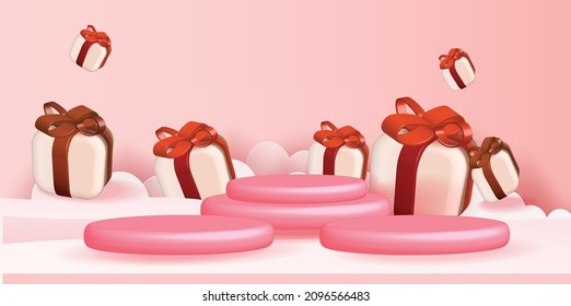 3d podium red product background for valentine.pink and heart love romance concept design vector illustation decoration banner 