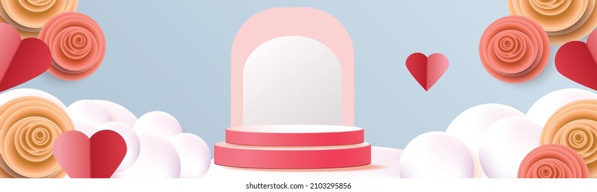 3d podium red product background for valentine.pink and heart love romance concept design vector illustation decoration banner 
