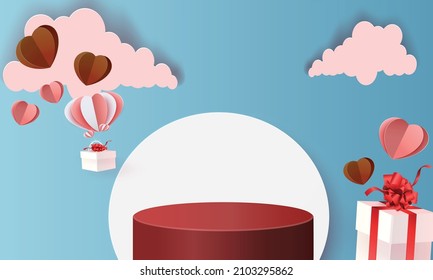 3d podium red product background for valentine.pink and heart love romance concept design vector illustation decoration banner 