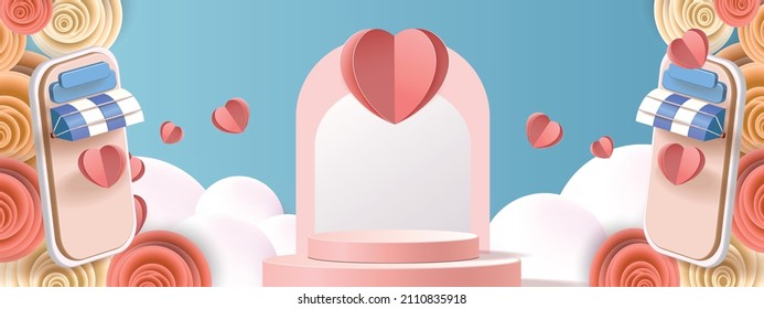 3d podium red product background for valentine.pink and heart love romance concept design vector illustation decoration banner 