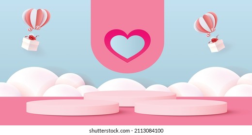 3d fondo de producto rojo podio para valentina.concepto de amor rosa y corazón diseño de iluminación vectorial banner de decoración 