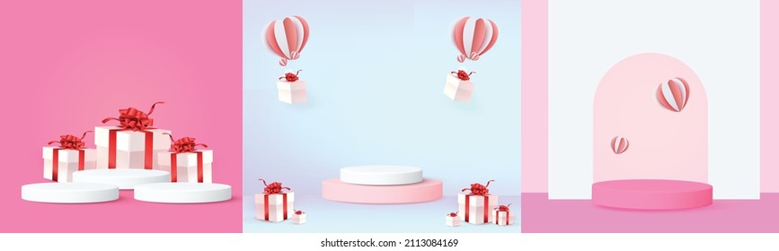 3d podium red product background for valentine.pink and heart love romance concept design vector illustation decoration banner 