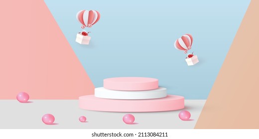 3D-Podium-roter Produkthintergrund für valentine.pink und Herz-Liebe-Liebesromane Design Vektorgrafik-Dekorationsbanner 