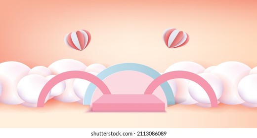 3d podium red product background for valentine.pink and heart love romance concept design vector illustation decoration banner 