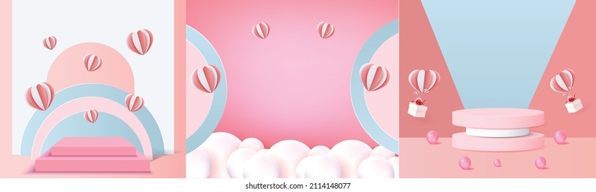 3d podium red product background for valentine.pink and heart love romance concept design vector illustation decoration banner 