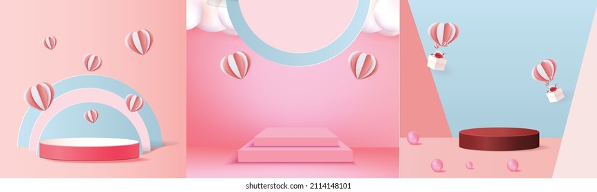 3d podium red product background for valentine.pink and heart love romance concept design vector illustation decoration banner 