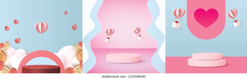 3d podium red product background for valentine.pink and heart love romance concept design vector illustation decoration banner 