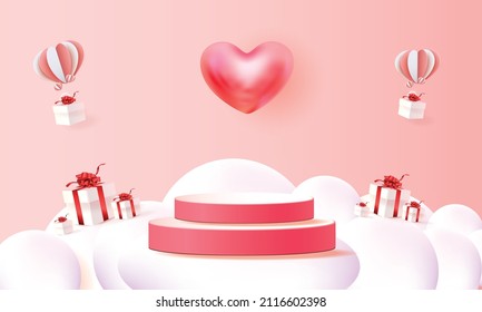 3d podium red product background for valentine.pink and heart love romance concept design vector illustation decoration banner 
