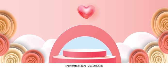 3d podium red product background for valentine.pink and heart love romance concept design vector illustation decoration banner 