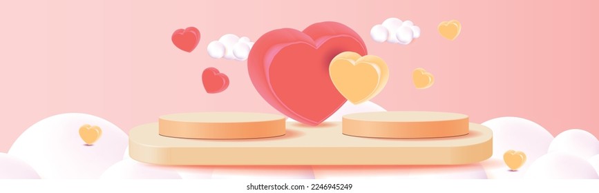 3d podium red product background for valentine.pink and heart love romance concept design vector illustation decoration banner