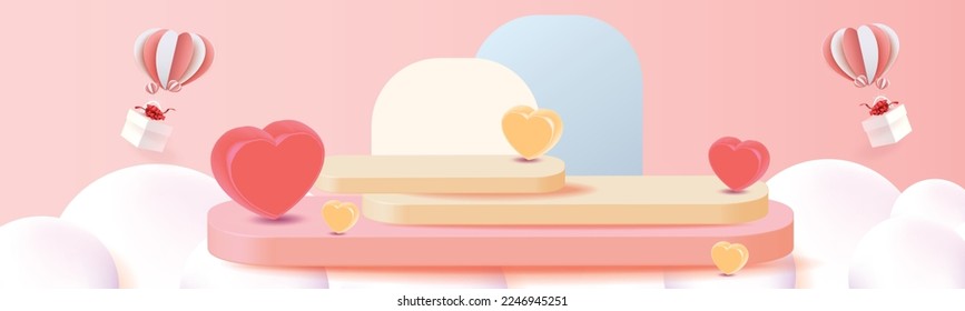 3d podium red product background for valentine.pink and heart love romance concept design vector illustation decoration banner