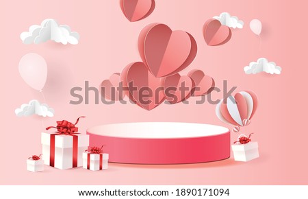 3d podium red product background for valentine.pink and heart love romance concept design vector illustation decoration banner 