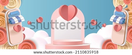 3d podium red product background for valentine.pink and heart love romance concept design vector illustation decoration banner 