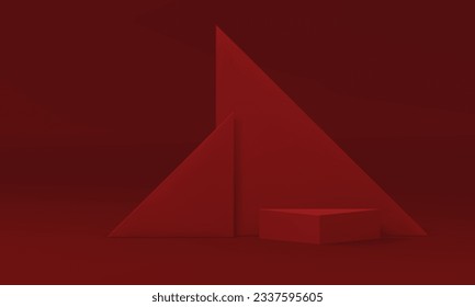 3d podium with red triangle wall background modern empty display realistic vector illustration. Trendy rendering pedestal showroom space interior geometric stage for commercial product presentation