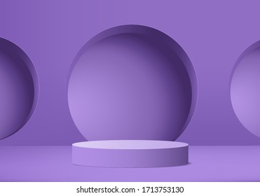 Vetor de renderização de pódio 3D de fundo geométrico roxo ou textura. Pódio pastel brilhante ou pano de fundo de pedestal. Conceito de design minimalista em branco. Palco para cerimônia em fundo de pedestal roxo 3d render